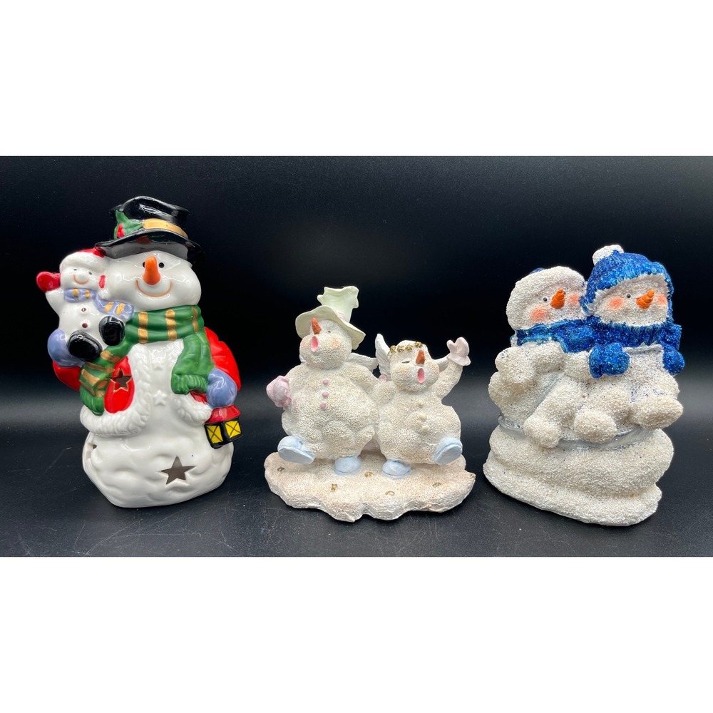 Snowman Figurine Lot of 3 Ceramic Tea Light Holder Resin Angels Christmas Decor